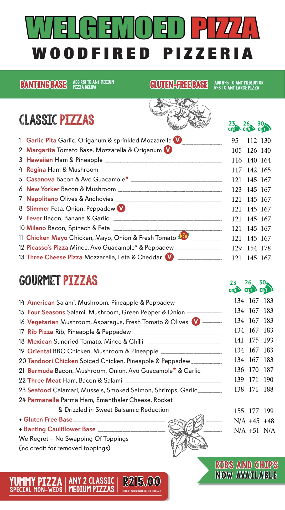 Welgemoed Pizza menu